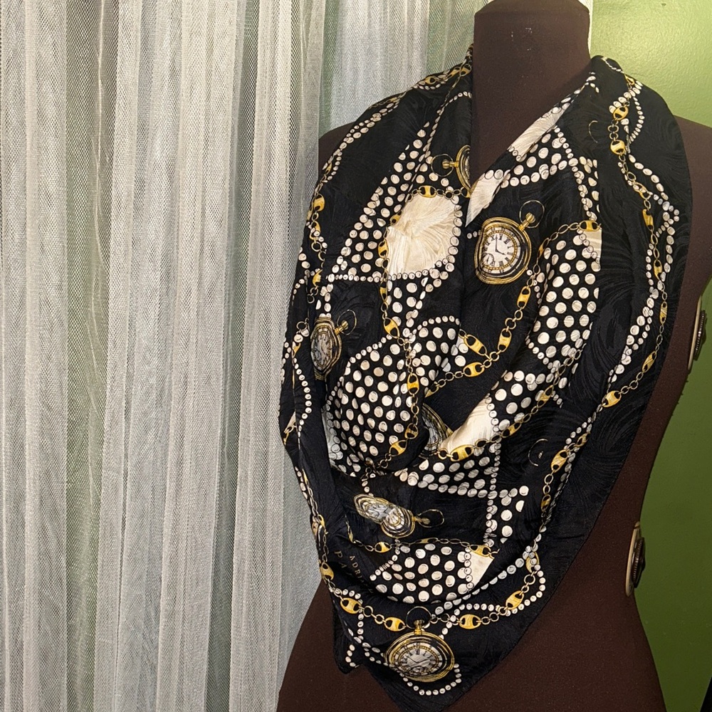 VTG Adrianna Papell Silk Square Scarf Watches Chains Equestrian/Horology